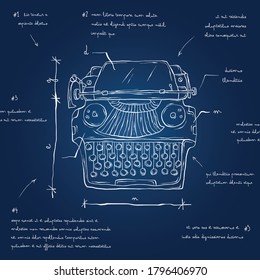 Typewriter blueprint. Hand drawn  typewriter sketch.