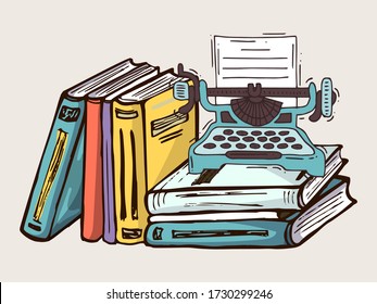 Typewriter and book stack isolated on white cartoon vector illustration. Concept writer stuff, professional writer textbook volume, publishing house. Vintage printed machine paper list.