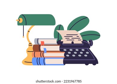 Typewriter and books composition. Literature and language study, education, school subject concept. Writing, typing novel, story on paper. Flat vector illustration isolated on white background