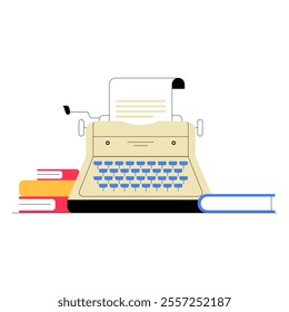 Typewriter With Books In Flat Vector Illustration Symbolizing Writing, Creativity, And Literature, Isolated On White Background.