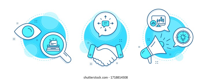 Typewriter, Candlestick chart and Sms line icons set. Handshake deal, research and promotion complex icons. Idea sign. Instruction, Report analysis, Conversation. Solution. Education set. Vector