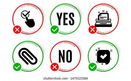 Typewriter, Checkbox and Paper clip icons simple set. Yes no check box. Confirmed sign. Instruction, Approved, Attach paperclip. Accepted message. Education set. Typewriter icon. Check mark. Vector