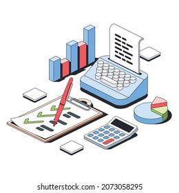 Máquina de escribir, portapapeles, calculadora, gráficos de gráficos. Estilo isométrico de la línea de esbozo 3d vectorial, ilustración del icono de color. Idea de diseño creativo y elementos de infografía.