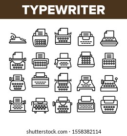 Typewriter Collection Elements Icons Set Vector Thin Line. Retro And Ancient Typewriter Machine For Writer Concept Linear Pictograms. Vintage Technology Monochrome Contour Illustrations