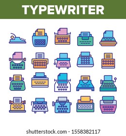 Typewriter Collection Elements Icons Set Vector Thin Line. Retro And Ancient Typewriter Machine For Writer Concept Linear Pictograms. Vintage Technology Color Illustrations