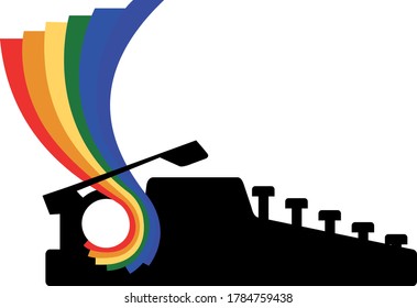 Typewriter With Colored Sheets That Make Up A Rainbow. Logo For The LGBT Community. Symbol Of Creativity And Work Of A Writer And Journalist. Vector Isolated Image. Vector Isolated Image.