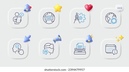 Typewriter, Coronavirus and Calendar line icons. Buttons with 3d bell, chat speech, cursor. Pack of Fake news, Select user, Customer survey icon. Augmented reality, Cogwheel dividers pictogram. Vector