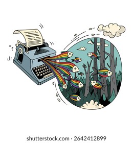A typewriter creates rainbow fish that swim into a forest scene.