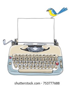 Typewriter Creme and Blue with blank paper and little bird vintage vector  art cute illustration