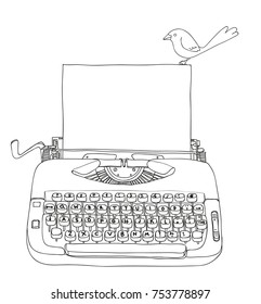 Typewriter Creme and Blue with blank paper and little bird vintage vector line art cute illustration