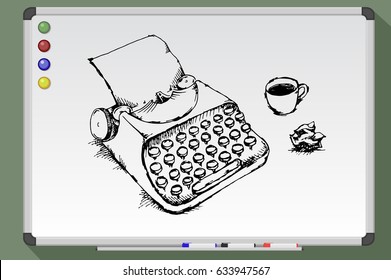 Typewriter, cup of coffee and crumpled paper. Hand drawn vector illustration.