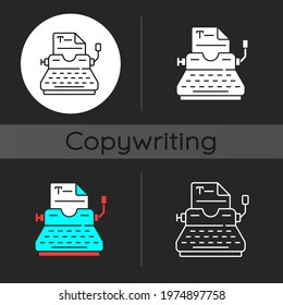 Typewriter dark theme icon. Copywriting services. Professional journalism. Printing sheets. Writing commercial text. Linear white, simple glyph and RGB color styles. Isolated vector illustrations