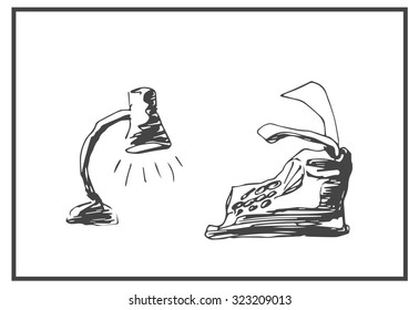 Typewriter and desk lamp object drawings, in sketch hand drawing style