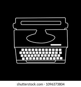 The typewriter is drawn with a white outline on a black background. For authors, writing a book, an article. Manual transmission. Logo, vector illustration of a typewriter
