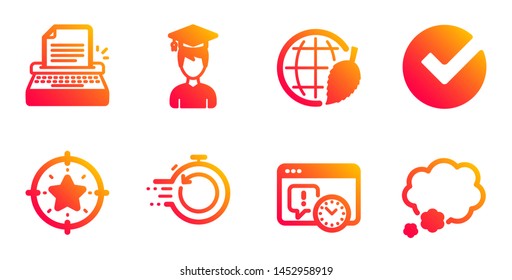 Typewriter, Fast recovery and Project deadline line icons set. Verify, Student and Star target signs. Environment day, Talk bubble symbols. Writer machine, Backup timer. Education set. Vector