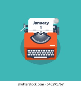 Typewriter in a flat style. Christmas wish list. Letter to Santa. New year. 2017. December holidays. January 1.