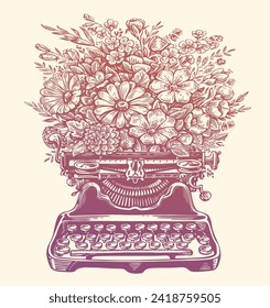 Typewriter and flowers with leaves and plants. Hand drawn vintage sketch vector illustration