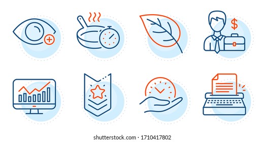 Typewriter, Frying pan and Shoulder strap signs. Statistics, Businessman case and Leaf line icons set. Farsightedness, Safe time symbols. Financial report, Human resources. Business set. Vector