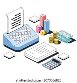 Typewriter, graph chart, money, documents, calculator. Vector 3d sketch line isometric style, color icon illustration. Creative design idea and infographics elements.