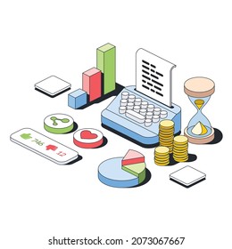 Typewriter, graph chart, money, social media. Vector 3d sketch line isometric style, color icon illustration. Creative design idea and infographics elements.