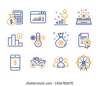 Typewriter, Group and Tractor icons simple set. Finance calculator, Smartphone payment and Reject certificate signs. Thermometer, Web traffic and Santa sack symbols. Line typewriter icon. Colorful set