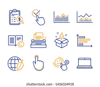 Typewriter, Hand click and Checkbox icons simple set. Accounting report, Customer satisfaction and Environment day signs. Creative idea, Copyright and Trade infochart symbols. Line typewriter icon