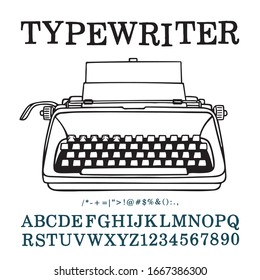 Typewriter. Hand drawn outline retro typewriter vector illustration and typewritten font. Part of set.