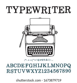 Typewriter. Hand drawn outline retro typewriter vector illustration and typewritten font. Part of set.