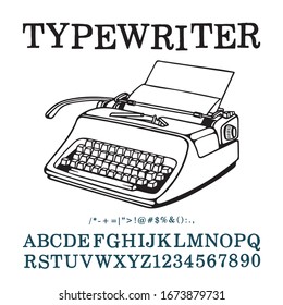 Typewriter. Hand drawn outline retro typewriter vector illustration and typewritten font. Part of set.