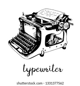 Typewriter hand drawn sketch, vector illustration isolated on white background