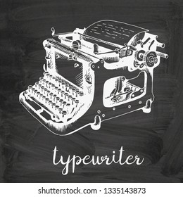 Typewriter hand drawn sketch, vector illustration on chalkboard background