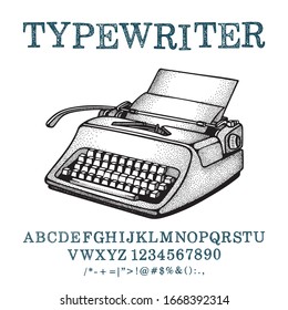 Typewriter. Hand drawn vintage typewriter vector illustration and typewritten font. Part of set.
