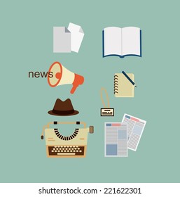 typewriter, hat, sheets of paper, a notebook, a newspaper journalist illustration