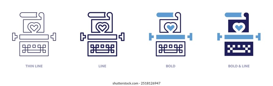 Typewriter icon in 4 different styles. Thin Line, Line, Bold, and Bold Line. Duotone style. Editable stroke.