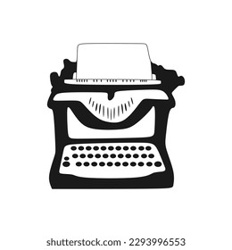 Typewriter icon in black white hand drawn mode. Ancient legendary vintage typewriter vector illustration in trendy style. Editable graphic resources for many purposes.