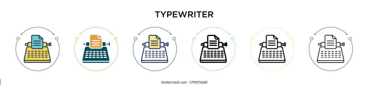 Typewriter icon in filled, thin line, outline and stroke style. Vector illustration of two colored and black typewriter vector icons designs can be used for mobile, ui, web