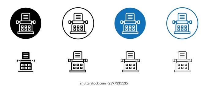 Typewriter icon set in black and blue colors on white background