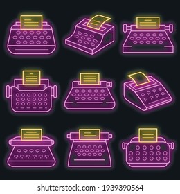 Typewriter icon set. Outline set of typewriter vector icons neon color on black