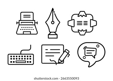 Typewriter, Ink Pen, Content File, Keyboard, Signature Document, and Speech Bubble Line Icons