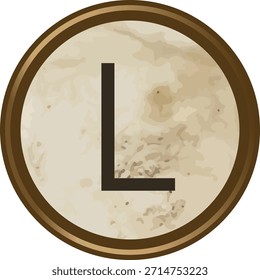 Teclado de la máquina de escribir L con textura grunge, borde circular y pátina desgastada, con líneas limpias. Insignia de la letra de Antiguas, superficie afligida, glifo en negrita, tipografía retro. Ilustración vectorial de dibujos animados