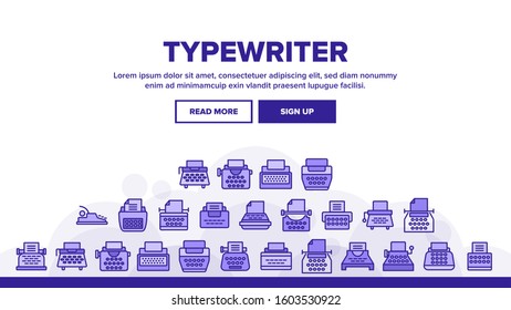 Typewriter Landing Web Page Header Banner Template Vector. Retro And Ancient Typewriter Machine For Writer Concept Linear Pictograms. Vintage Technology Illustration