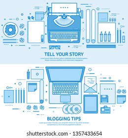 Typewriter and laptop. Tell your story. Author. Blogging platform. Flat blue outline background. Line art vector illustration.