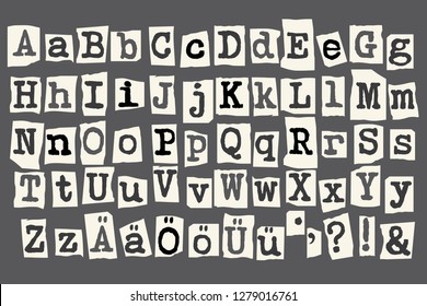 Typewriter latin alphabet, lettering in cut newspaper style for logos, badges, postcards, posters, prints with support of german language