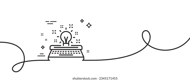 Typewriter line icon. Continuous one line with curl. Creativity sign. Inspiration light bulb symbol. Typewriter single outline ribbon. Loop curve pattern. Vector