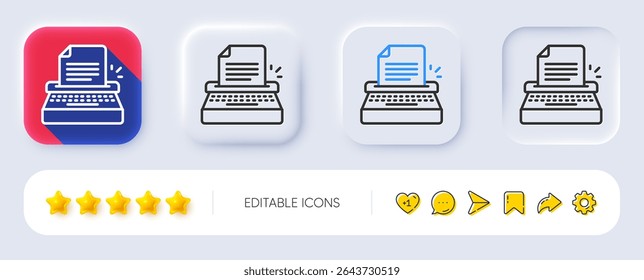 Typewriter line icon. Neumorphic, Flat shadow, 3d buttons. Copywriting sign. Writer machine symbol. Line typewriter icon. Social media icons. Vector