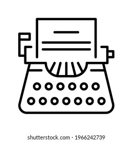 Typewriter line icon vector illustration. Monochrome linear logo vintage machine with paper sheet for text typing isolated on white. Retro equipment with keyboard and ink for writing printing letter