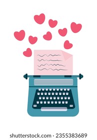 A typewriter with a love letter surrounded by hearts. Love, romantic concept. Vector illustration