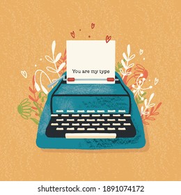 Typewriter and love note with hand lettering. Colorful hand drawn illustration for Happy Valentine’s day. Greeting card with flowers and decorative elements. 