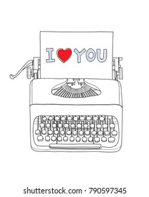 typewriter i love you portable retro hand drawn vector art illustration