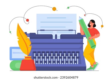 Typewriter machine concept. Young girl with pencil near retro typing apparatuss. Talented writer and author. Creativity and art. Cartoon flat vector illustration isolated on white background